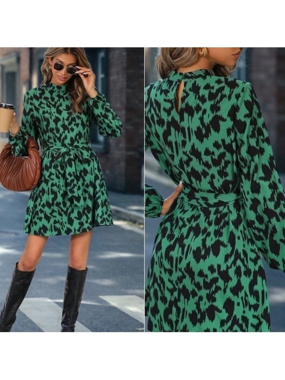 NWOT Privé Mock Neck Allover Print Belted Dress